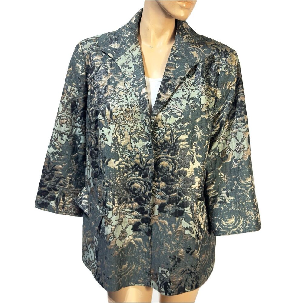 Lafayette 148 Helena Brocade Jacquard Blazer Jacket Green Gray Gold Size 20